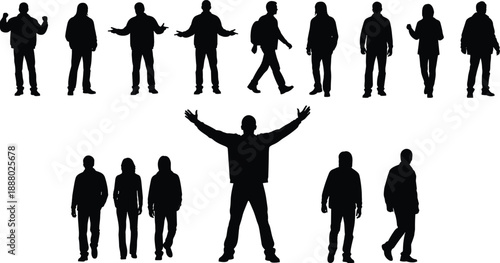 Standing and walking people silhouette set, human male poses collection, casual body language vector icons isolated on white background