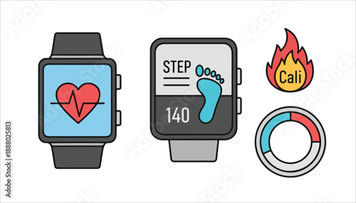 Smartwatch fitness tracking icons showing heart rate, step counter, calorie burn, and activity progress.