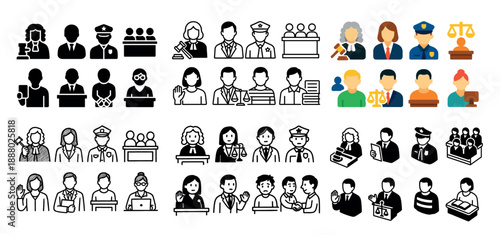 Diverse legal professionals icons set