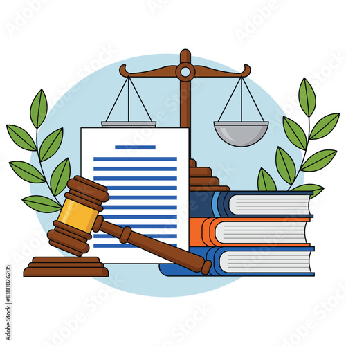 Symbol of Justice: Depicting a balanced scale, legal document, gavel, and books, the image embodies the core principles of the legal system: fairness, knowledge, and judgment.
