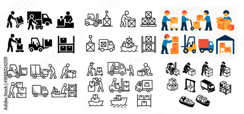 Warehouse workers and equipment illustrations