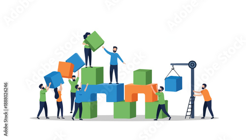 A group of diverse people collaborating to build a complex structure using colorful building blocks, symbolizing teamwork and construction.
