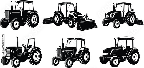 Tractor silhouette icon set with agricultural machinery and farming vehicles in black and white vector illustration isolated on white
