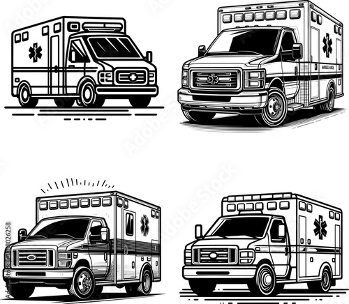 Clean thin outline black and white ambulance silhouette, minimal medical vehicle vector, isolated.
