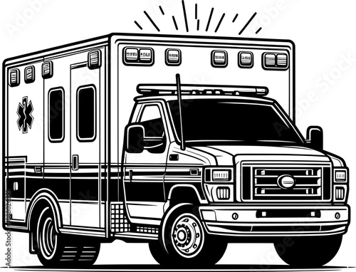 Clean thin outline black and white ambulance silhouette, minimal medical vehicle vector, isolated.