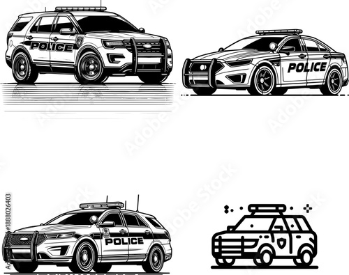 Clean thin outline black and white police car silhouette, minimal law enforcement vector icon.