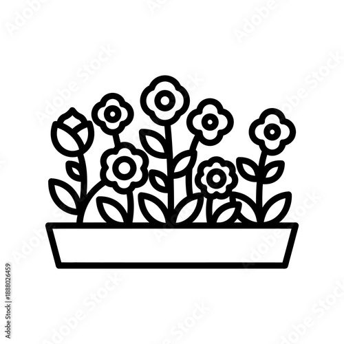 A charming line art illustration depicting a planter box filled with blooming flowers and a single rosebud, perfect for gardening and nature themes