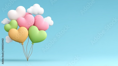Colorful Heart Balloons with Clouds on a Light Blue Background