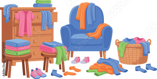 Messy room with scattered clothes vector illustration, laundry cleaning concept with chair, dresser and basket in home interior