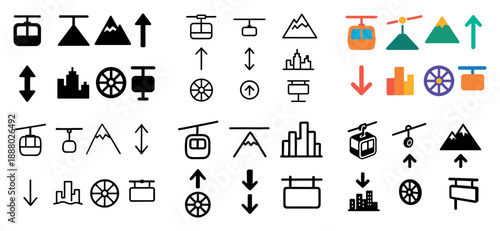 Cable car and mountain icons set