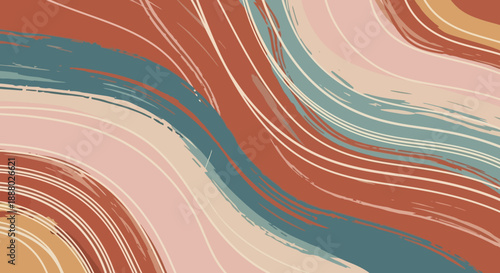 Abstract digital artwork featuring swirling patterns of blue, red, and beige colors in an illustrative style.