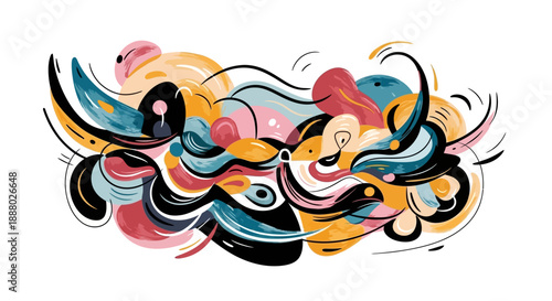 Vibrant abstract illustration of swirling shapes and colorful curves in a dynamic composition