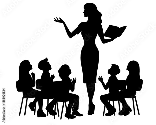 silhouette of a female teacher teaching children, vector illustration

