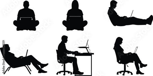 People using laptop silhouette set, men and women sitting and working on computer, black vector illustration isolated