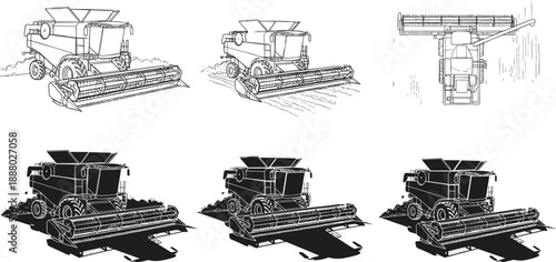 combine, harvester, silhouette, agriculture, machinery, black, white, icon, illustration, vector, design, symbol, field, crop, farm, equipment, top-down, motion, stationary, mechanical