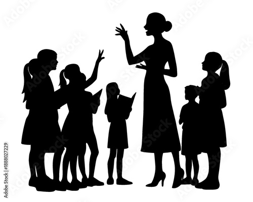 silhouette of a female teacher teaching a group of children, vector illustration, icon isolated on a white background
