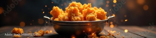 Golden fried chicken, smoky bucket, sizzling sparks, sizzling, vintage, close-up