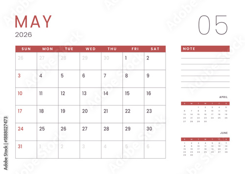 Monthly page Calendar Planner Template design of May 2026. Vector layout of calendar with week start Sunday for Scheduling. Page for size A4 or 21x29.7 cm