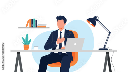 Successful businessman sitting at a modern desk with a laptop and lamp while feeling satisfied and proud of his great work.