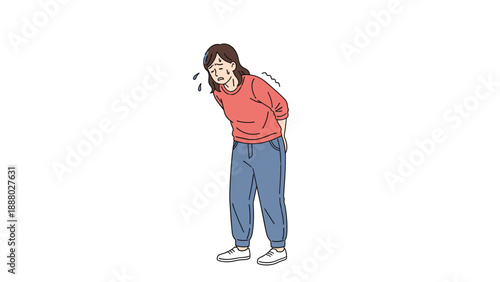 Young woman in casual clothes bending over while holding her lower back in pain feeling physical discomfort or exhaustion.