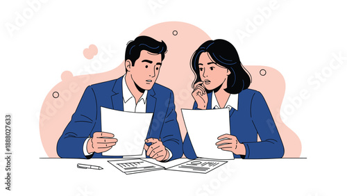 Two business colleagues in blue suits looking at documents and financial reports with confused and worried expressions.
