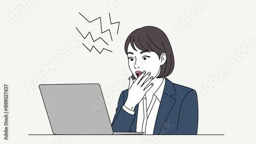 Surprised businesswoman in a suit looking at her laptop screen with a shocked expression and symbols of stress or impact.