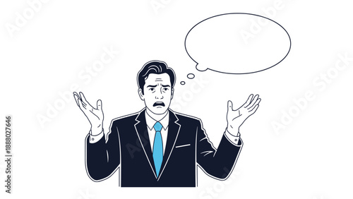 Confused businessman in a suit and tie shrugging his hands with a blank speech bubble above his head against white background.