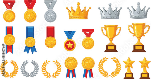 Set of awards trophies medals and crowns vector illustration, winner prize achievement symbols collection for competition design