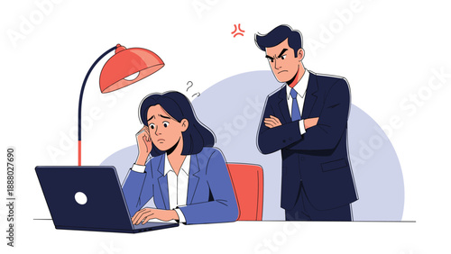 Angry male manager standing behind a stressed female employee working on a laptop at her office desk under a red lamp.