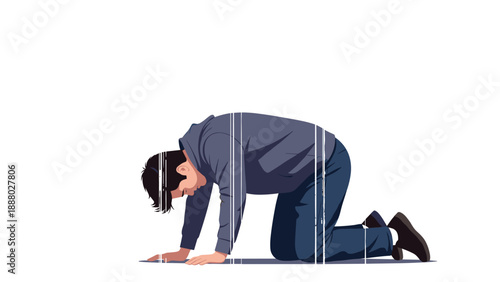 Young man in a grey hoodie and blue trousers kneeling on the floor in a state of total despair, sadness, or deep regret.