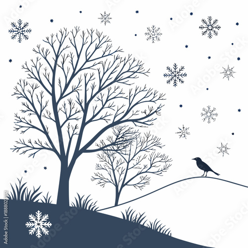 Winter landscape with bird