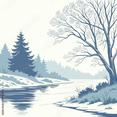 Serene winter landscape by a frozen river