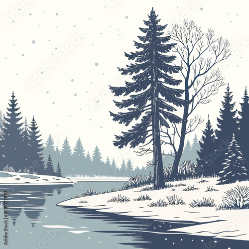 Serene winter forest by a river