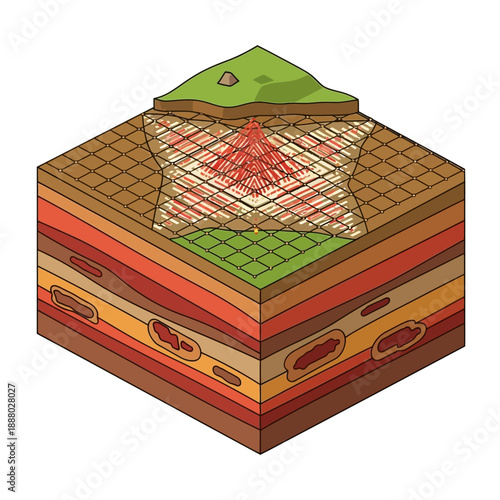 Cross-section of Earths crust showing a volcano and geological layers.