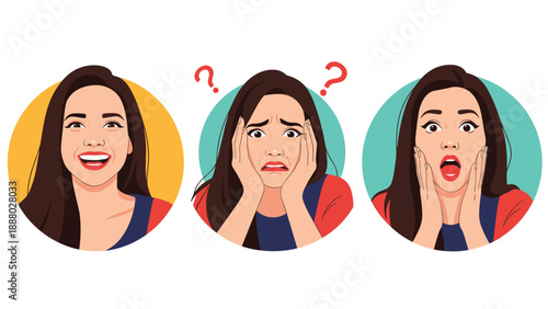 Three circular portraits of the same woman showing different emotional states like happiness, worry, and extreme shock.