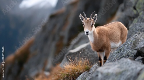 Plakat w ramie A Mountain goat is standing on a rocky