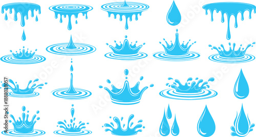 Set of blue water splash and droplet elements vector illustration, liquid ripple effects collection for nature design