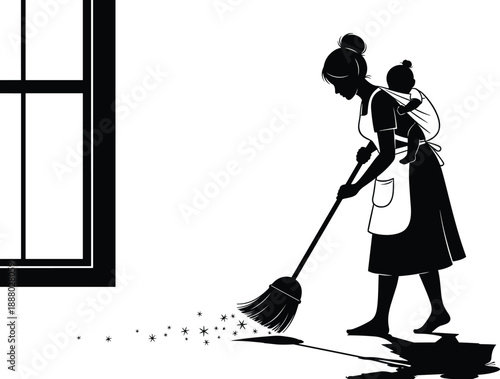 mother, child, silhouette, sweeping, broom, black, white, icon, illustration, vector, design, symbol, domestic, labor, caregiving, apron, window, responsibility, household, parenting, chore