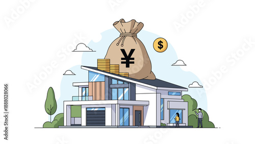 Modern two-story house with a giant money bag featuring a yen symbol on the roof to represent real estate investment.