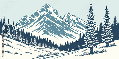 Snowy mountain range with pine trees