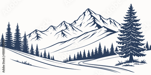 Majestic mountain range with pine trees