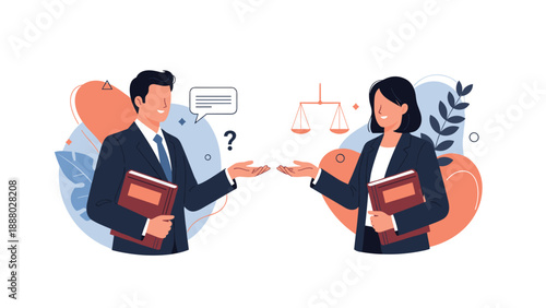 Male and female legal professionals in suits holding books and discussing a case or contract with a scales of justice.
