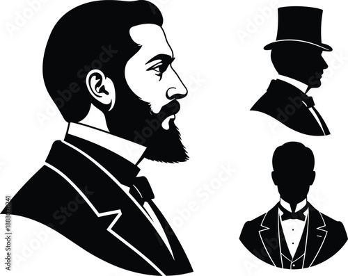formal, attire, silhouette, man, suit, bow tie, tuxedo, top hat, black, white, icon, illustration, vector, design, symbol, fashion, vintage, modern, profile, vest