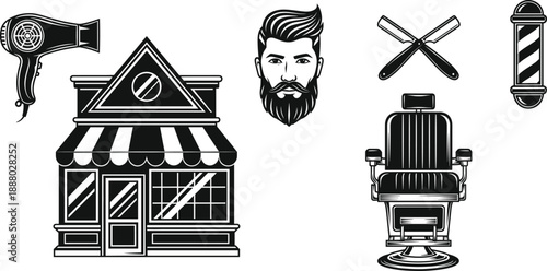 Barbershop Building and Grooming Equipment Silhouette Icon Set with Chair Beard and Hairdryer for Salon Design