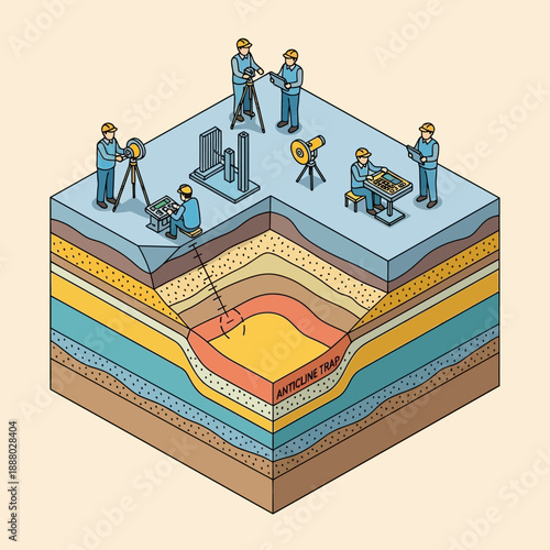 Geological Survey and Oil Exploration Isometric Illustration.