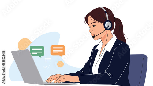 Professional female customer support agent wearing a headset and working on a laptop to help clients through chat.