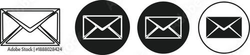 Envelope mail icon set in outline and circular solid styles for messaging email and communication interface designs