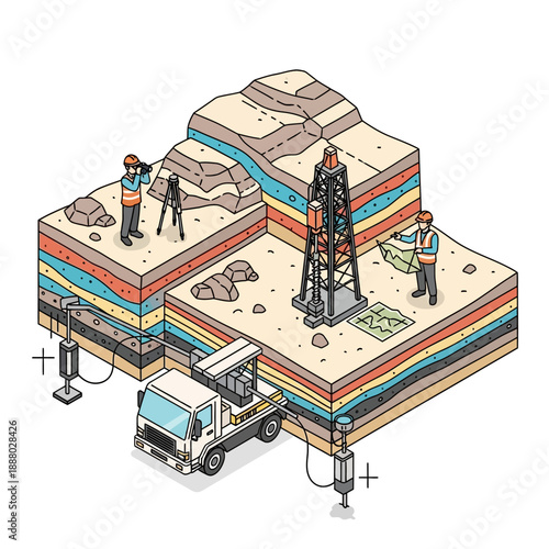 Geological Survey and Oil Exploration Isometric Illustration.