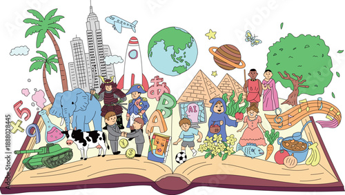 本から広がる世界と学びを表現した教育イラスト