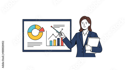 Professional businesswoman in a suit using a pointer to explain various graphs and charts on a large presentation board.